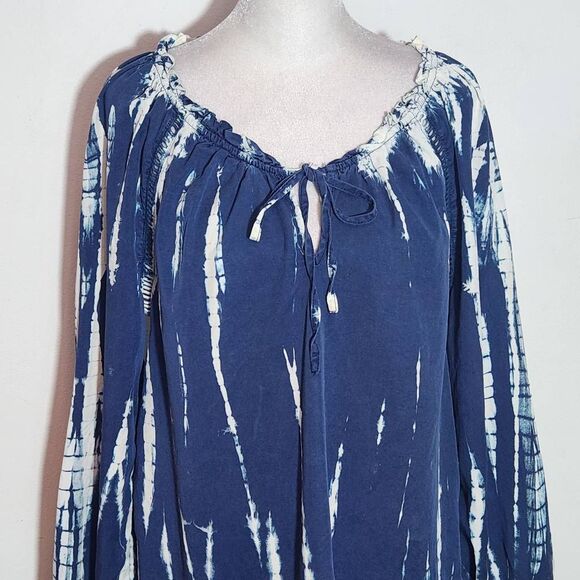 Knox Rose Navy Boho Peasant Blouse Size Medium Navy and White Dyed Top - Picture 3 of 10